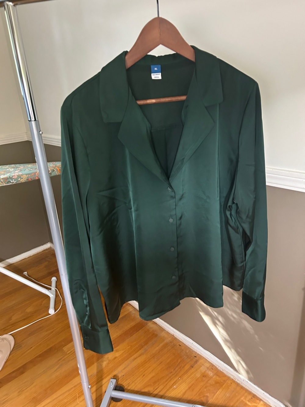 Old Navy Forest Green Satin Button-Down Shirt